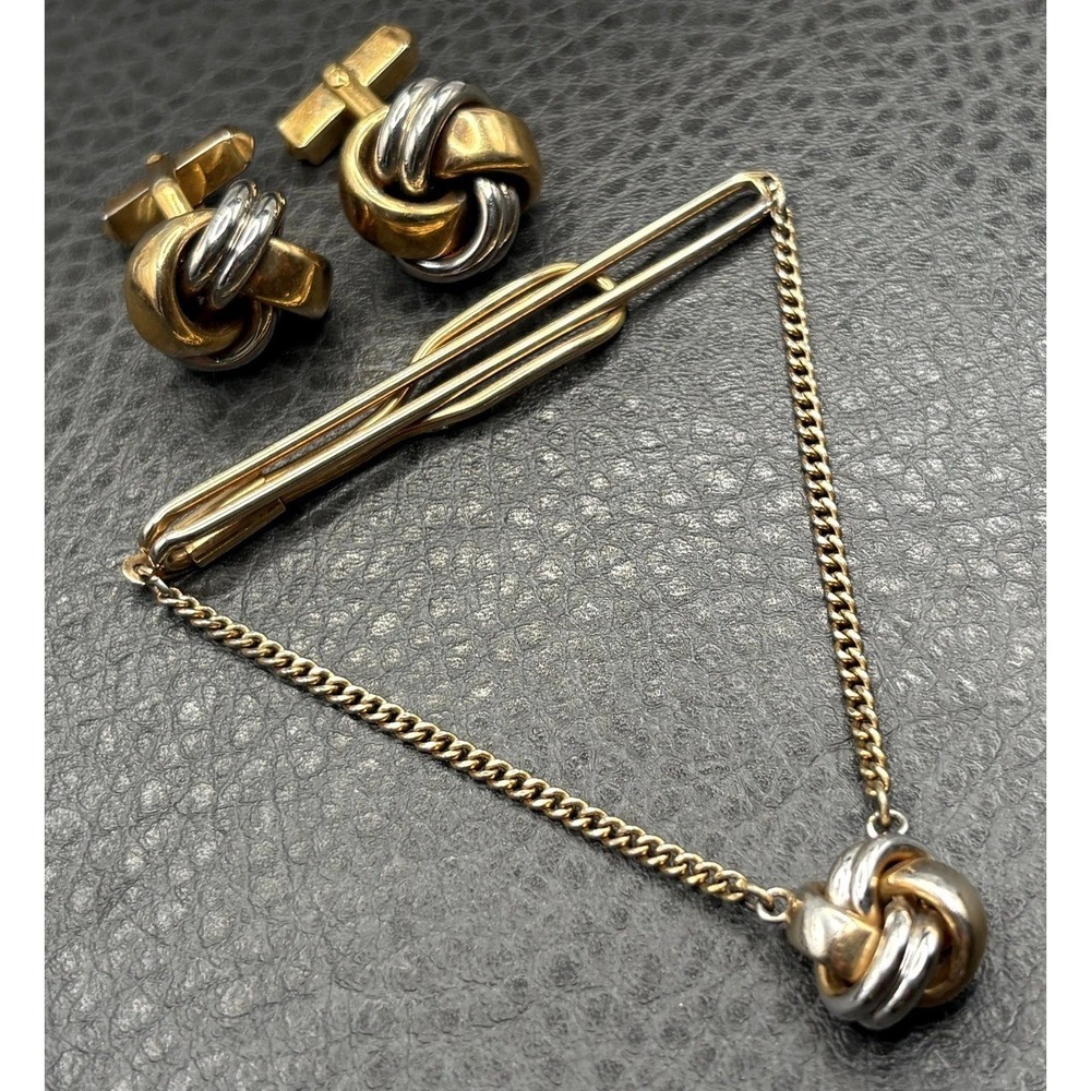 Vintage Swank Two Tone Knot Cufflinks Tie Clip Bar Set Gold Tone